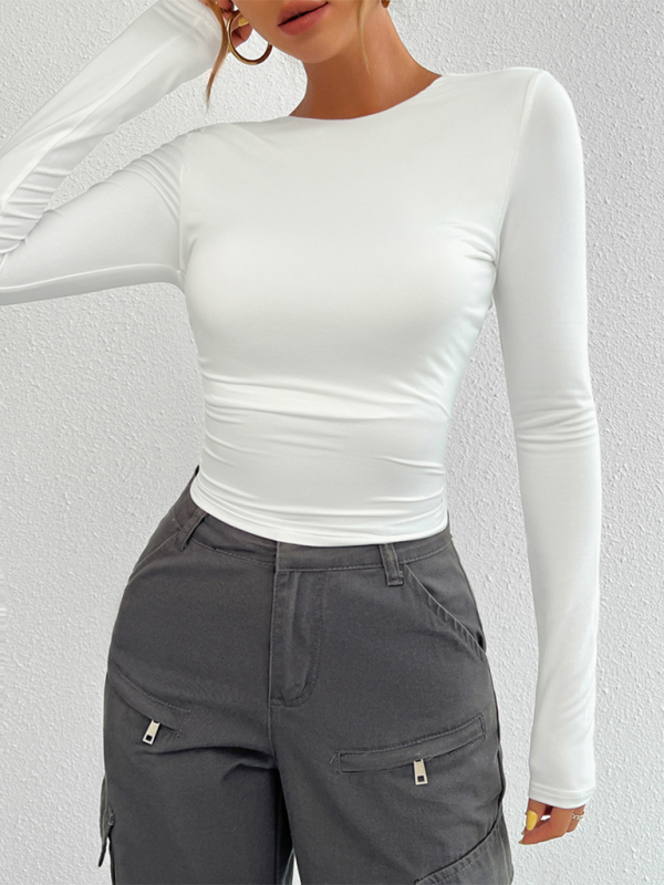 Slim Fit Open Back Crew Neck Knit Long Sleeve Top-[Adult]-[Female]-2022 Online Blue Zone Planet