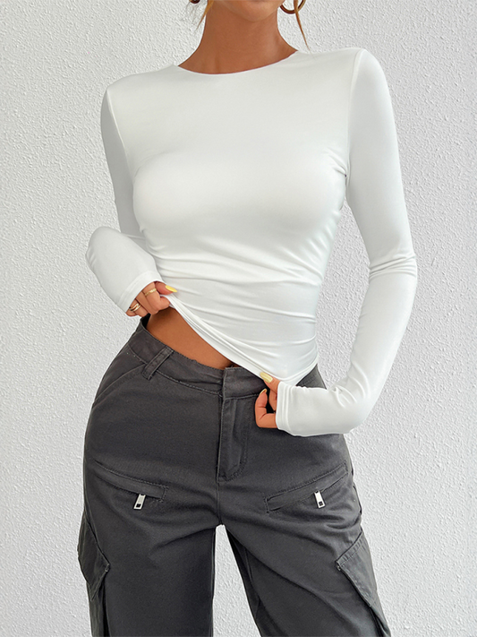 Slim Fit Open Back Crew Neck Knit Long Sleeve Top-[Adult]-[Female]-White-S-2022 Online Blue Zone Planet