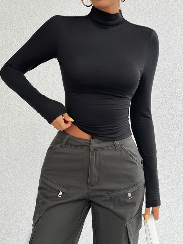 Blue Zone Planet | Women's Y2K Slim Fit Solid Color Knitted Bottom Long Sleeve Top-TOPS / DRESSES-[Adult]-[Female]-Black-S-2022 Online Blue Zone Planet