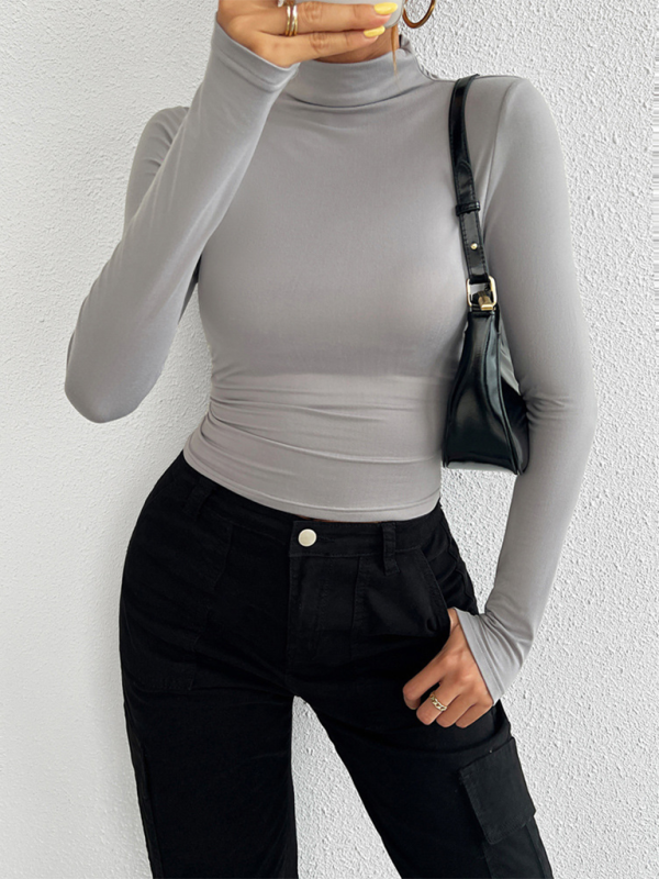 Blue Zone Planet | Women's Y2K Slim Fit Solid Color Knitted Bottom Long Sleeve Top-TOPS / DRESSES-[Adult]-[Female]-Grey-S-2022 Online Blue Zone Planet