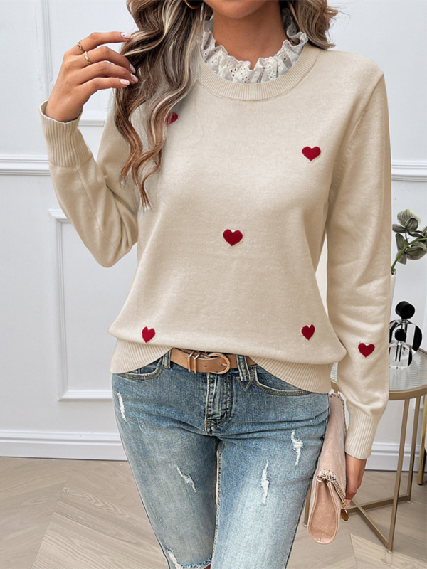 Blue Zone Planet | Women's Temperament Casual Embroidered Love Heart Long Sleeve Sweater-TOPS / DRESSES-[Adult]-[Female]-2022 Online Blue Zone Planet