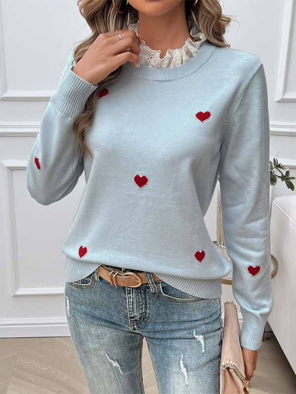 Blue Zone Planet | Women's Temperament Casual Embroidered Love Heart Long Sleeve Sweater-TOPS / DRESSES-[Adult]-[Female]-2022 Online Blue Zone Planet