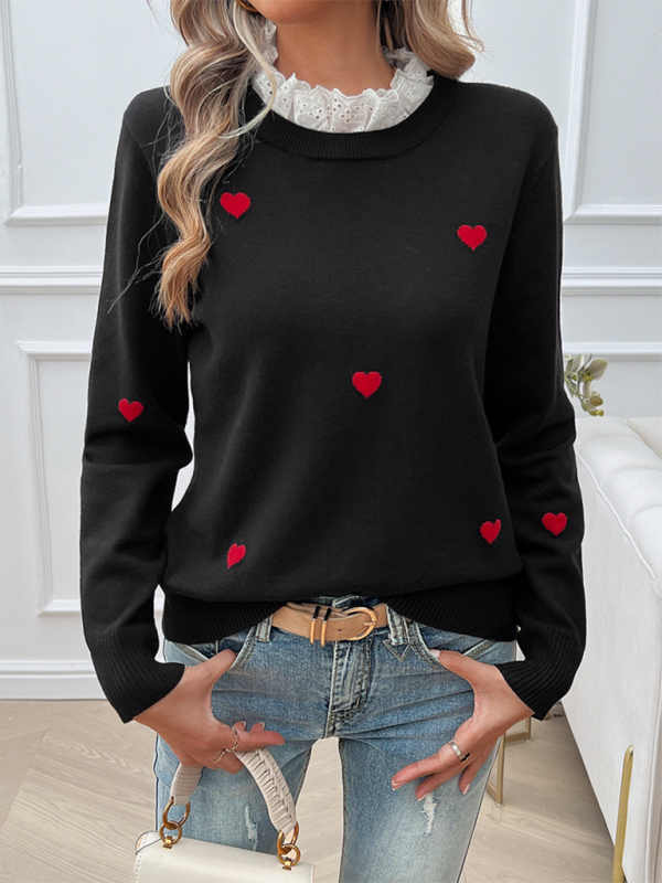 Blue Zone Planet | Women's Temperament Casual Embroidered Love Heart Long Sleeve Sweater-TOPS / DRESSES-[Adult]-[Female]-2022 Online Blue Zone Planet