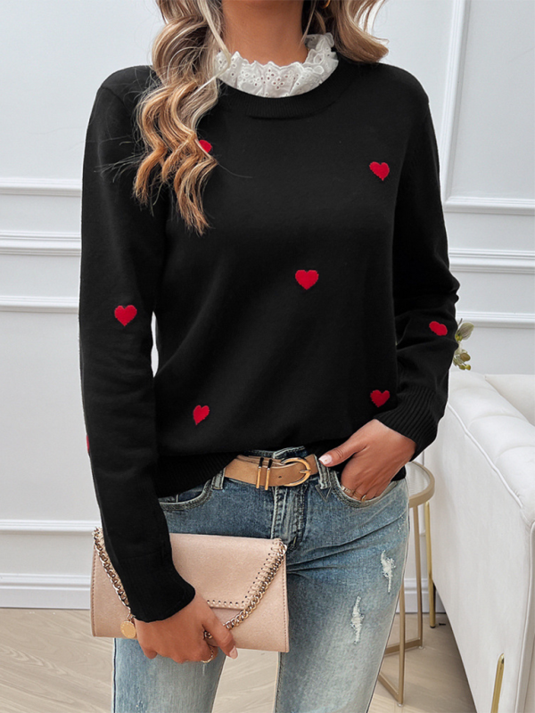 Blue Zone Planet | Women's Temperament Casual Embroidered Love Heart Long Sleeve Sweater-TOPS / DRESSES-[Adult]-[Female]-2022 Online Blue Zone Planet