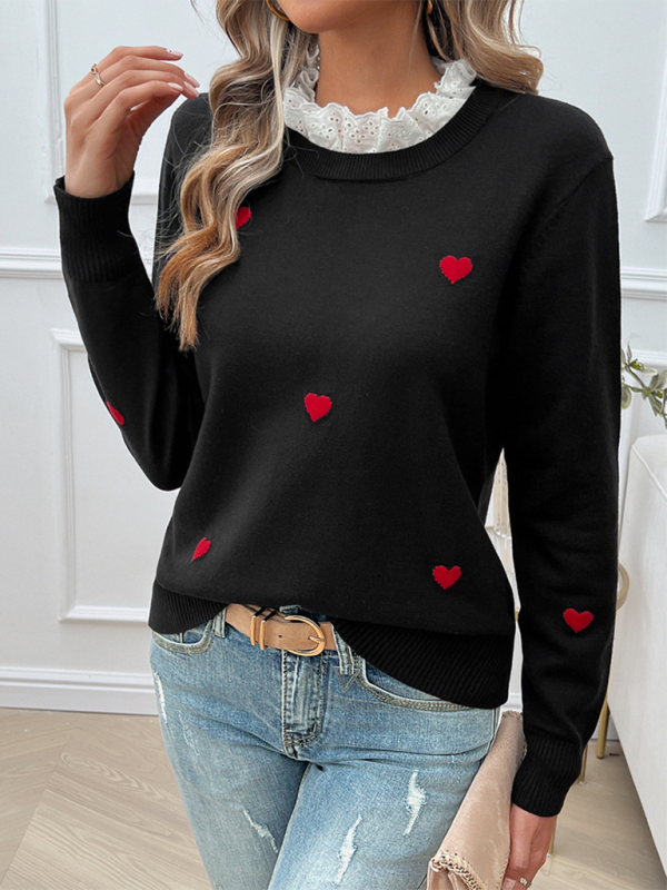 Blue Zone Planet | Women's Temperament Casual Embroidered Love Heart Long Sleeve Sweater-TOPS / DRESSES-[Adult]-[Female]-2022 Online Blue Zone Planet