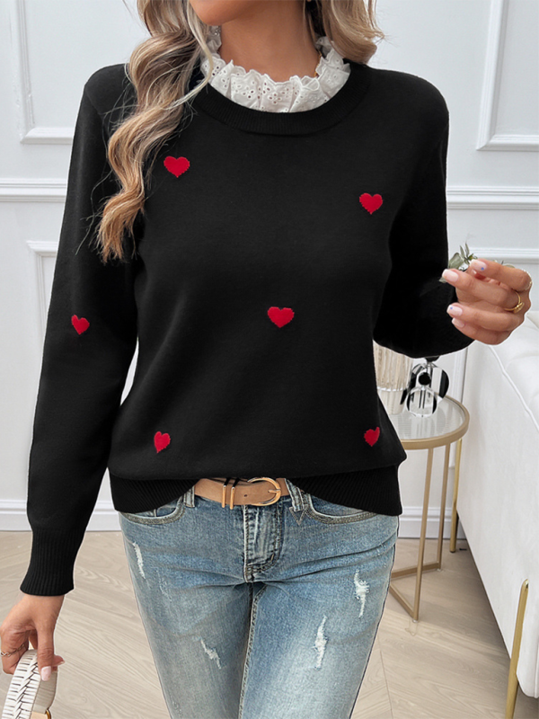 Blue Zone Planet | Women's Temperament Casual Embroidered Love Heart Long Sleeve Sweater-TOPS / DRESSES-[Adult]-[Female]-Black-S-2022 Online Blue Zone Planet