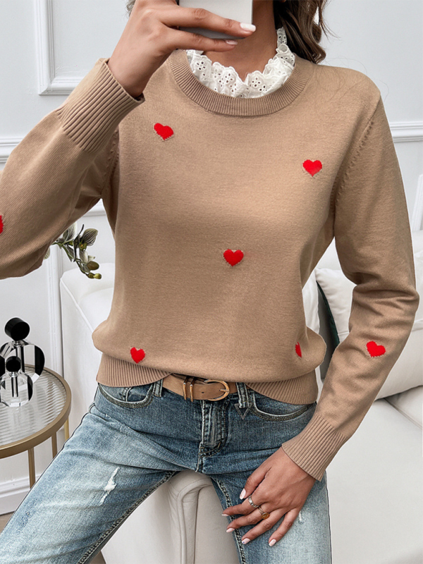 Blue Zone Planet | Women's Temperament Casual Embroidered Love Heart Long Sleeve Sweater-TOPS / DRESSES-[Adult]-[Female]-2022 Online Blue Zone Planet