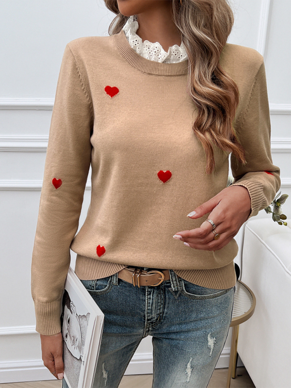 Blue Zone Planet | Women's Temperament Casual Embroidered Love Heart Long Sleeve Sweater-TOPS / DRESSES-[Adult]-[Female]-2022 Online Blue Zone Planet