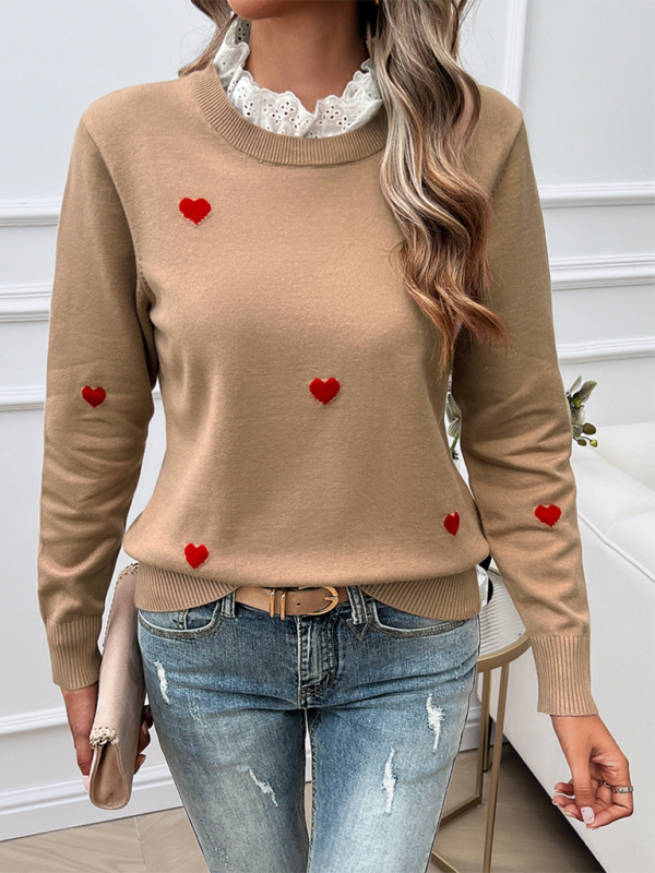 Blue Zone Planet | Women's Temperament Casual Embroidered Love Heart Long Sleeve Sweater-TOPS / DRESSES-[Adult]-[Female]-2022 Online Blue Zone Planet