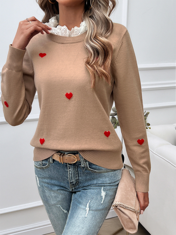 Blue Zone Planet | Women's Temperament Casual Embroidered Love Heart Long Sleeve Sweater-TOPS / DRESSES-[Adult]-[Female]-Camel-S-2022 Online Blue Zone Planet