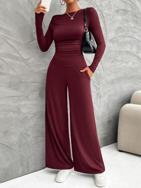 Blue Zone Planet | Women's Y2K Slim Fit Long Sleeve Top Wide Leg Pants Set-TOPS / DRESSES-[Adult]-[Female]-Wine Red-S-2022 Online Blue Zone Planet