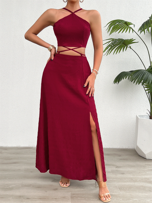 Dawn's Halter Solid Color Crop Top & Maxi Skirt Set-TOPS / DRESSES-[Adult]-[Female]-Wine Red-S-2022 Online Blue Zone Planet