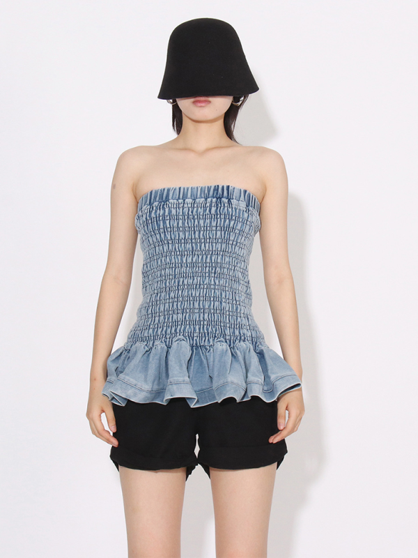 Blue Zone Planet | Versatile Ruffled Denim Tube Top-TOPS / DRESSES-[Adult]-[Female]-2022 Online Blue Zone Planet