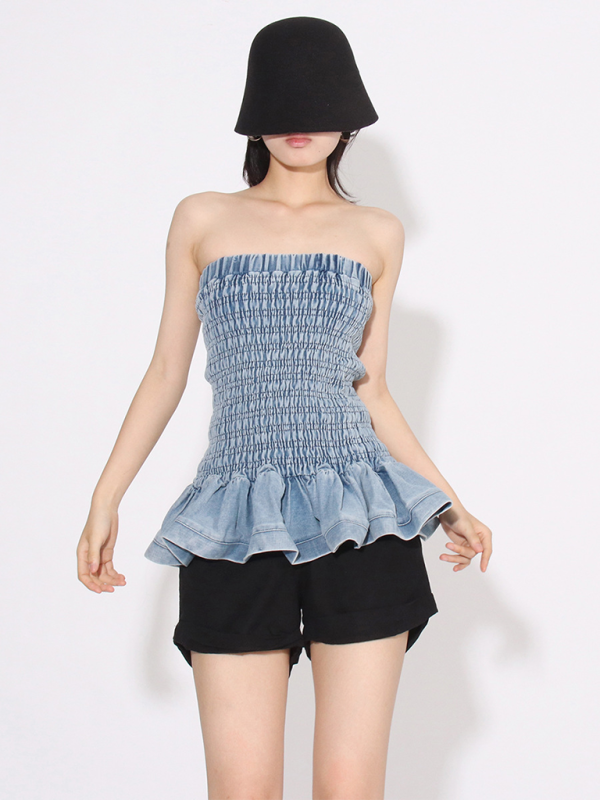 Blue Zone Planet | Versatile Ruffled Denim Tube Top-TOPS / DRESSES-[Adult]-[Female]-2022 Online Blue Zone Planet