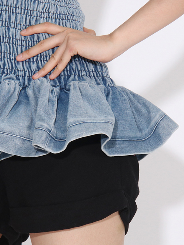 Blue Zone Planet | Versatile Ruffled Denim Tube Top-TOPS / DRESSES-[Adult]-[Female]-2022 Online Blue Zone Planet