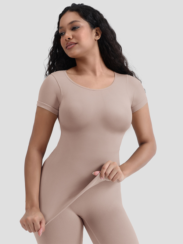 Blue Zone Planet | corset seamless short-sleeved T-shirt bottom tight waist shaping top-TOPS / DRESSES-[Adult]-[Female]-Cracker khaki-S-2022 Online Blue Zone Planet