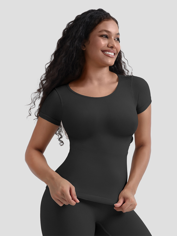 Blue Zone Planet | corset seamless short-sleeved T-shirt bottom tight waist shaping top-TOPS / DRESSES-[Adult]-[Female]-Black-S-2022 Online Blue Zone Planet