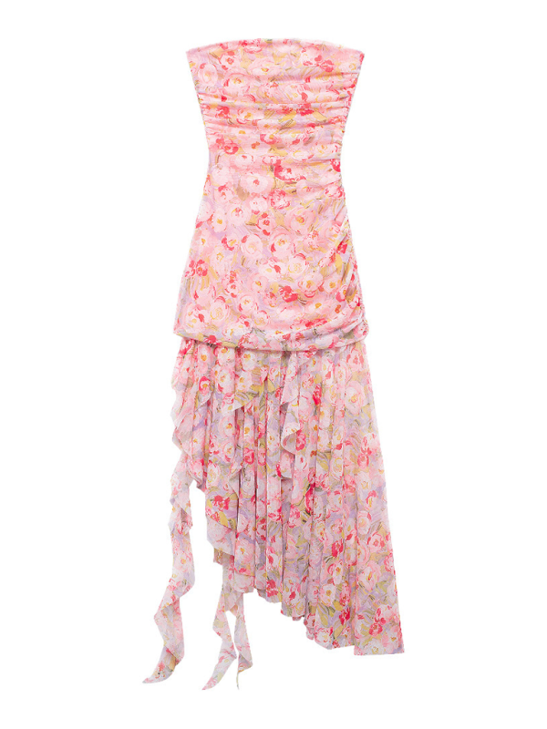 Blue Zone Planet | Tina's Floral Print Tulle Bandeau Midi Dress-TOPS / DRESSES-[Adult]-[Female]-Pink-S-2022 Online Blue Zone Planet