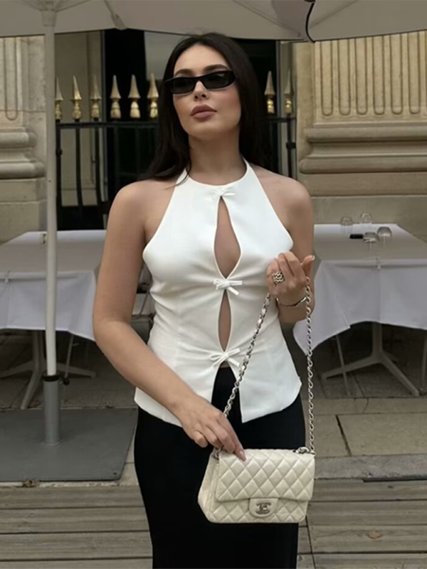Blue Zone Planet | New Fabric Bowknot Halter Neck Vest Top-TOPS / DRESSES-[Adult]-[Female]-White-S-2022 Online Blue Zone Planet