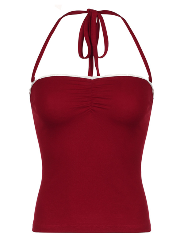 Blue Zone Planet | Neckline lace stitching small pleats halter neck tie red tube top vest-TOPS / DRESSES-[Adult]-[Female]-2022 Online Blue Zone Planet