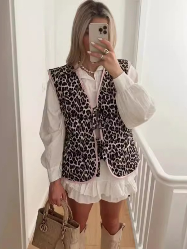 Blue Zone Planet | Ladies new casual leopard print bow tie vest-TOPS / DRESSES-[Adult]-[Female]-Leopard-S-2022 Online Blue Zone Planet