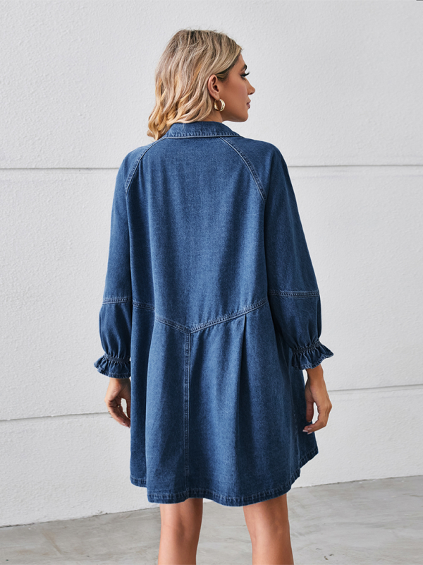 Blue Zone Planet | New Loose Washed Long Sleeve Spliced Denim Dress-TOPS / DRESSES-[Adult]-[Female]-Purplish blue navy-S-2022 Online Blue Zone Planet