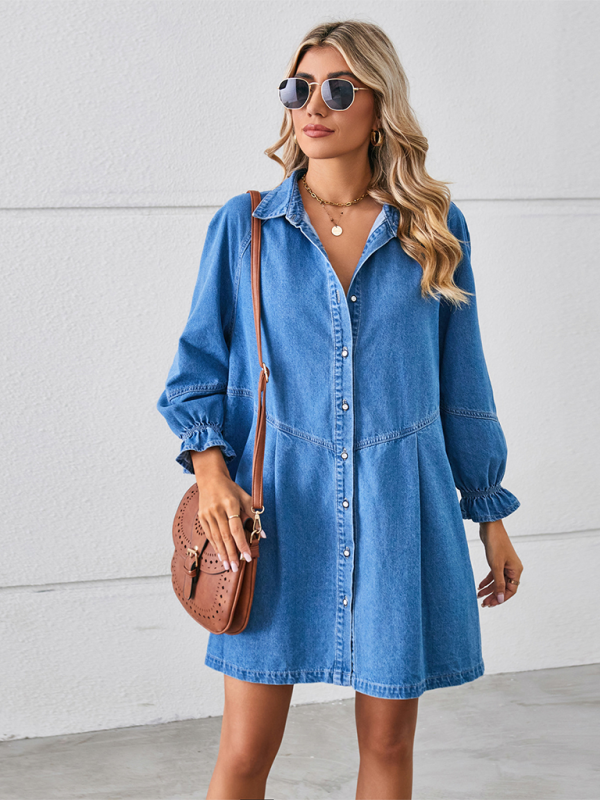 Blue Zone Planet | New Loose Washed Long Sleeve Spliced Denim Dress-TOPS / DRESSES-[Adult]-[Female]-2022 Online Blue Zone Planet