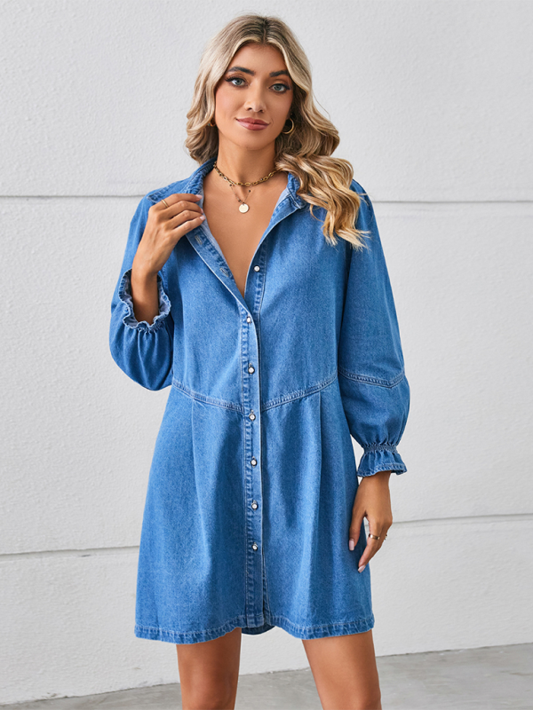 Blue Zone Planet | New Loose Washed Long Sleeve Spliced Denim Dress-TOPS / DRESSES-[Adult]-[Female]-2022 Online Blue Zone Planet