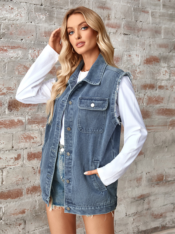 Blue Zone Planet | Ladies new washed denim loose vest waistcoat cardigan-TOPS / DRESSES-[Adult]-[Female]-2022 Online Blue Zone Planet