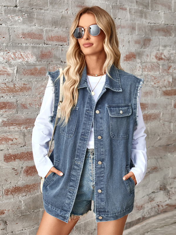 Blue Zone Planet | Ladies new washed denim loose vest waistcoat cardigan-TOPS / DRESSES-[Adult]-[Female]-2022 Online Blue Zone Planet