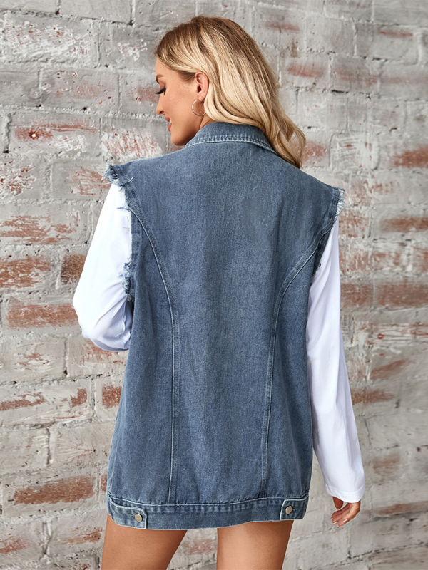 Blue Zone Planet | Ladies new washed denim loose vest waistcoat cardigan-TOPS / DRESSES-[Adult]-[Female]-2022 Online Blue Zone Planet