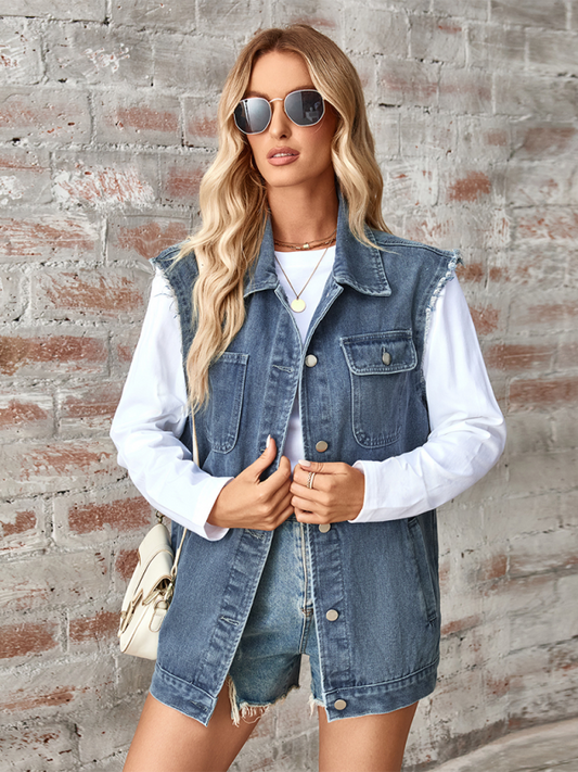 Blue Zone Planet | Ladies new washed denim loose vest waistcoat cardigan-TOPS / DRESSES-[Adult]-[Female]-Blue-S-2022 Online Blue Zone Planet