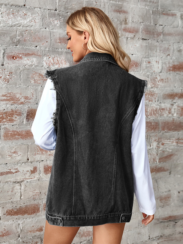 Blue Zone Planet | Ladies new washed denim loose vest waistcoat cardigan-TOPS / DRESSES-[Adult]-[Female]-2022 Online Blue Zone Planet