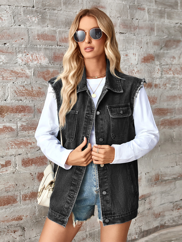 Blue Zone Planet | Ladies new washed denim loose vest waistcoat cardigan-TOPS / DRESSES-[Adult]-[Female]-2022 Online Blue Zone Planet