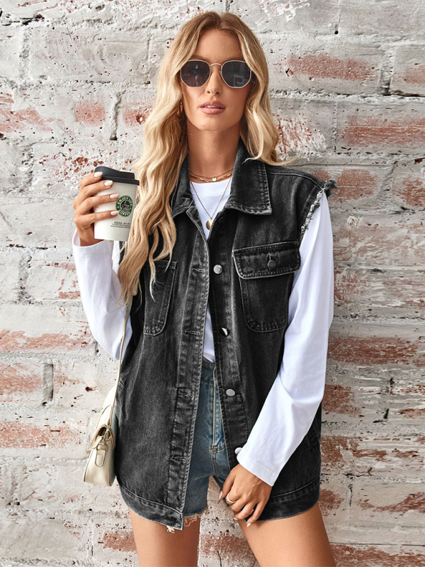 Blue Zone Planet | Ladies new washed denim loose vest waistcoat cardigan-TOPS / DRESSES-[Adult]-[Female]-Black-S-2022 Online Blue Zone Planet