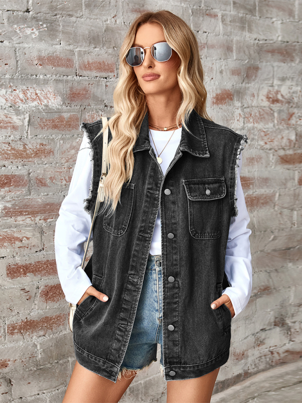 Blue Zone Planet | Ladies new washed denim loose vest waistcoat cardigan-TOPS / DRESSES-[Adult]-[Female]-2022 Online Blue Zone Planet