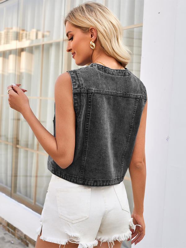 Blue Zone Planet | Ladies new washed slim collarless denim short vest-TOPS / DRESSES-[Adult]-[Female]-2022 Online Blue Zone Planet