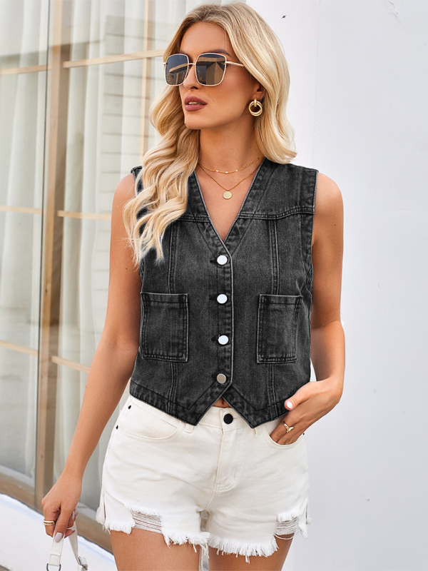 Blue Zone Planet | Ladies new washed slim collarless denim short vest-TOPS / DRESSES-[Adult]-[Female]-2022 Online Blue Zone Planet