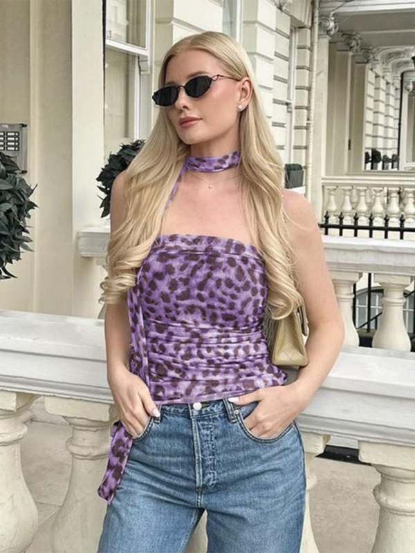 Blue Zone Planet | New Leopard Print Hot Girl Pure Straight Neck Tube Top Slim Fit Vest-[Adult]-[Female]-Purple-XS-2022 Online Blue Zone Planet