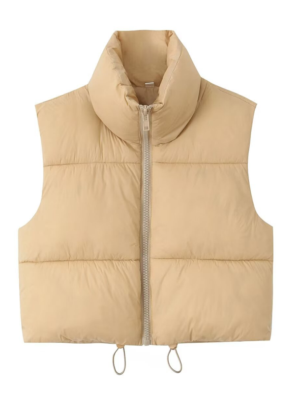 Tessie's Warm Puffy Sleeveless Collared Vest-TOPS / DRESSES-[Adult]-[Female]-Khaki-XS-2022 Online Blue Zone Planet