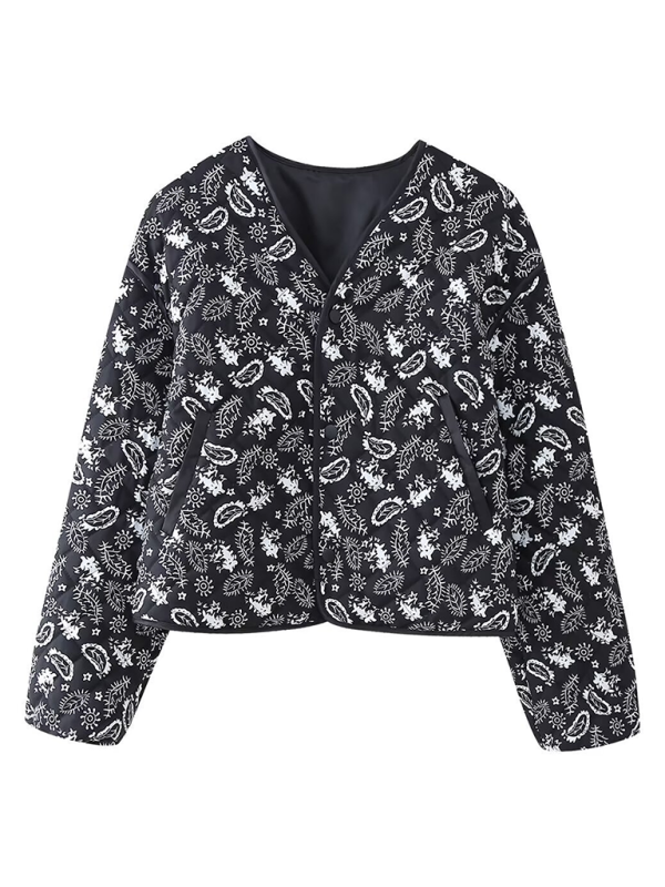 Candice's Botanical Print Quilted Thin Coat Jacket-TOPS / DRESSES-[Adult]-[Female]-Black-S-2022 Online Blue Zone Planet