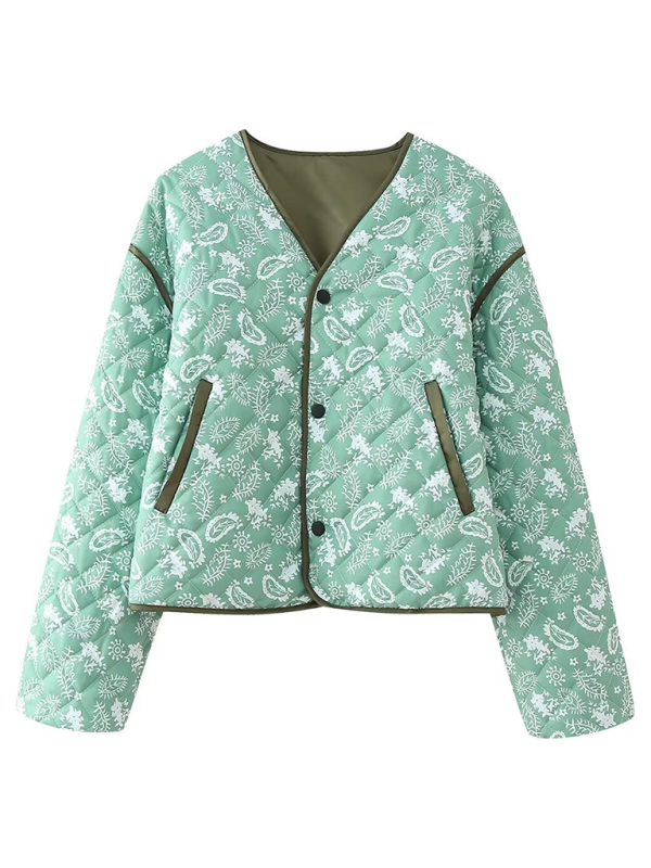 Candice's Botanical Print Quilted Thin Coat Jacket-TOPS / DRESSES-[Adult]-[Female]-Green-S-2022 Online Blue Zone Planet