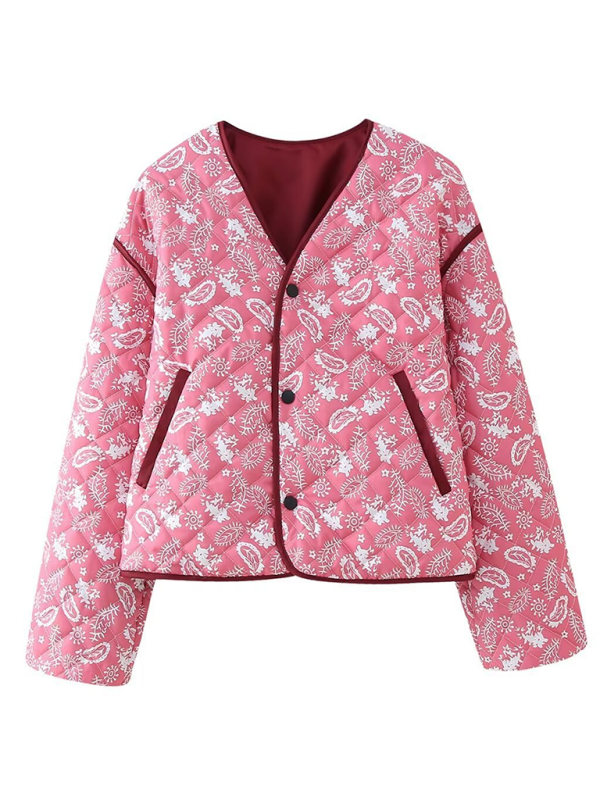 Candice's Botanical Print Quilted Thin Coat Jacket-TOPS / DRESSES-[Adult]-[Female]-Pink-S-2022 Online Blue Zone Planet