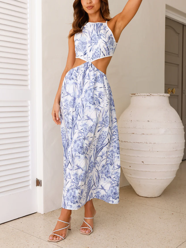 Holly's Lace-up Halter Neck Botanical Print Waist-baring Maxi Dress-TOPS / DRESSES-[Adult]-[Female]-2022 Online Blue Zone Planet