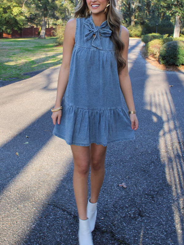 denim bow tie dress Jeanie Bow Shoulder Midi Dress Wash Denim Blue