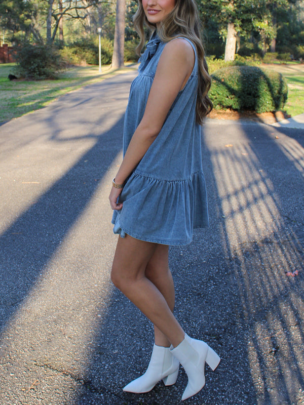 Denim bow tie loose dress - Blue Zone Planet Denim bow tie loose dress - Blue Zone Planet