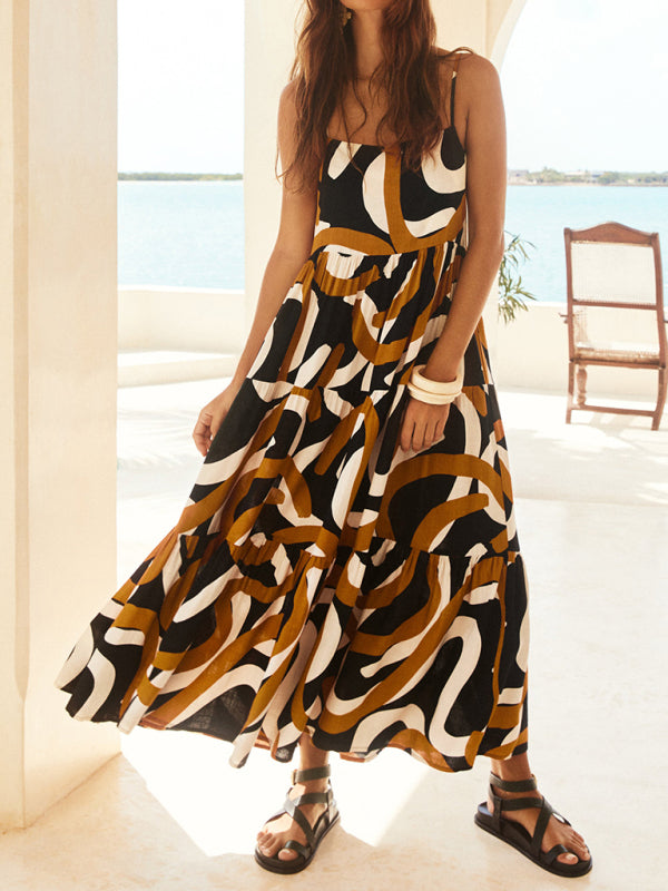 Ella's Geometric Print Strappy Loose Swing Maxi Dress