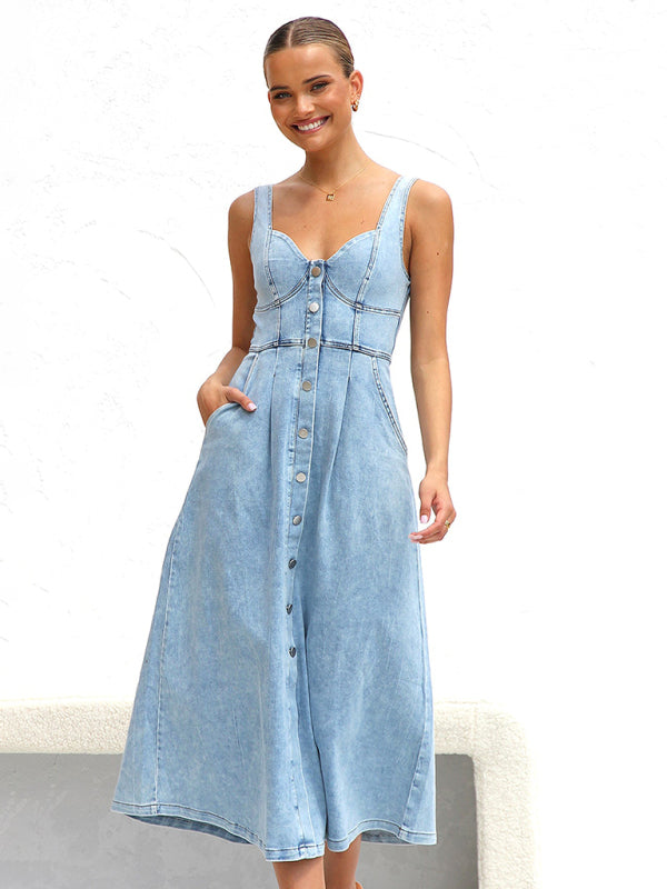 Light blue denim buttoned suspender midi skirt-[Adult]-[Female]-Blue-S-2022 Online Blue Zone Planet