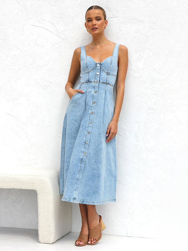 Light blue denim buttoned suspender midi skirt-[Adult]-[Female]-2022 Online Blue Zone Planet