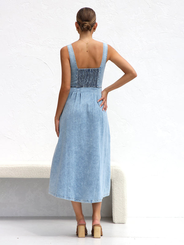 Light blue denim buttoned suspender midi skirt-[Adult]-[Female]-2022 Online Blue Zone Planet